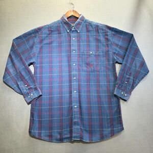 Twenty X Men's Blue Plaid Heavy Cotton Long Sleeve Button Up Shirt Size Large
